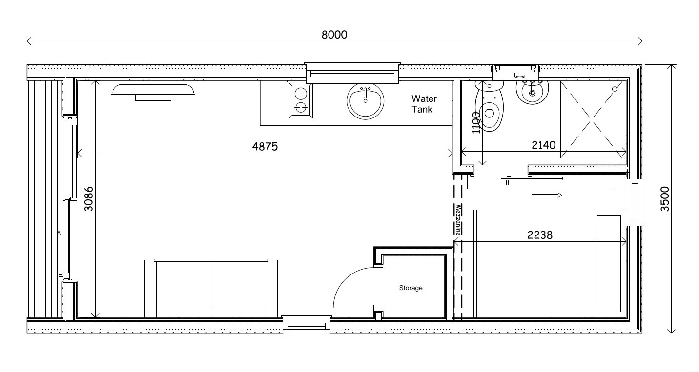 Cube_Retreat_Lodge_Cabin_8m x 3.5m_Mezzanine_Floor Plan